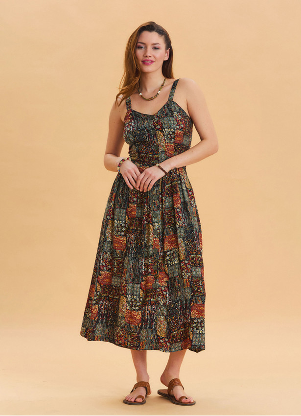 Khaki Ethnic Dress with Thick Straps and Buttons Throughout 4540